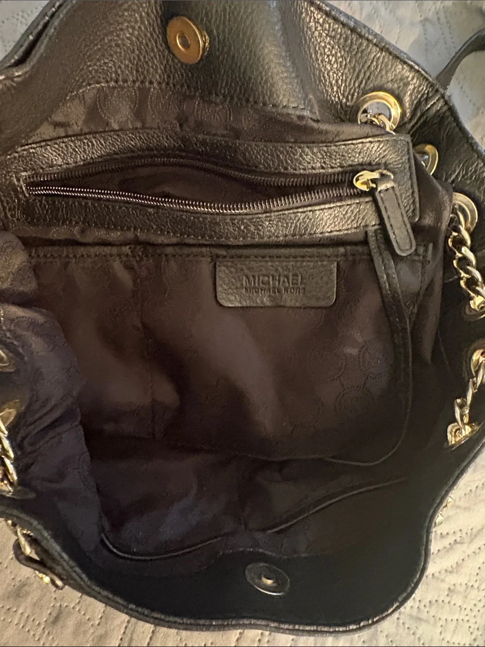 Michael Kors Black Pebbled Leather Shoulder Tote with Gold Accents